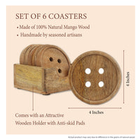 Set of 6 button-shaped coasters crafted from natural mango wood, paired with a wooden holder featuring anti-skid pads, handmade by skilled artisansSet of 6 button-shaped coasters crafted from natural mango wood, paired with a wooden holder featuring anti-skid pads, handmade by skilled artisans — thumbnail