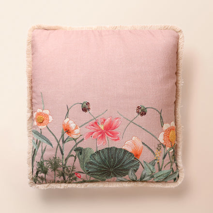 PANKHURI Square Cushion, Embroidery, 18 x 18 Inch, Blush, Botanical Bloom