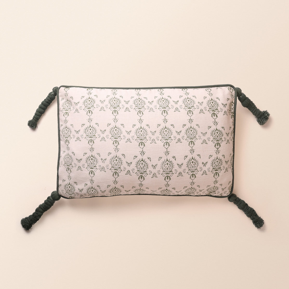 BAGRU Oblong Cushion, Block Print, 12 x 20 Inch, Mocha, Green Motif, Jaipur House