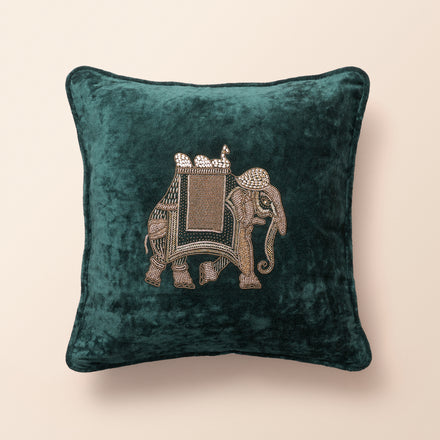CREST Square Cushion, Zardozi, 18 x 18 Inch, Teal, Velvet Luxe