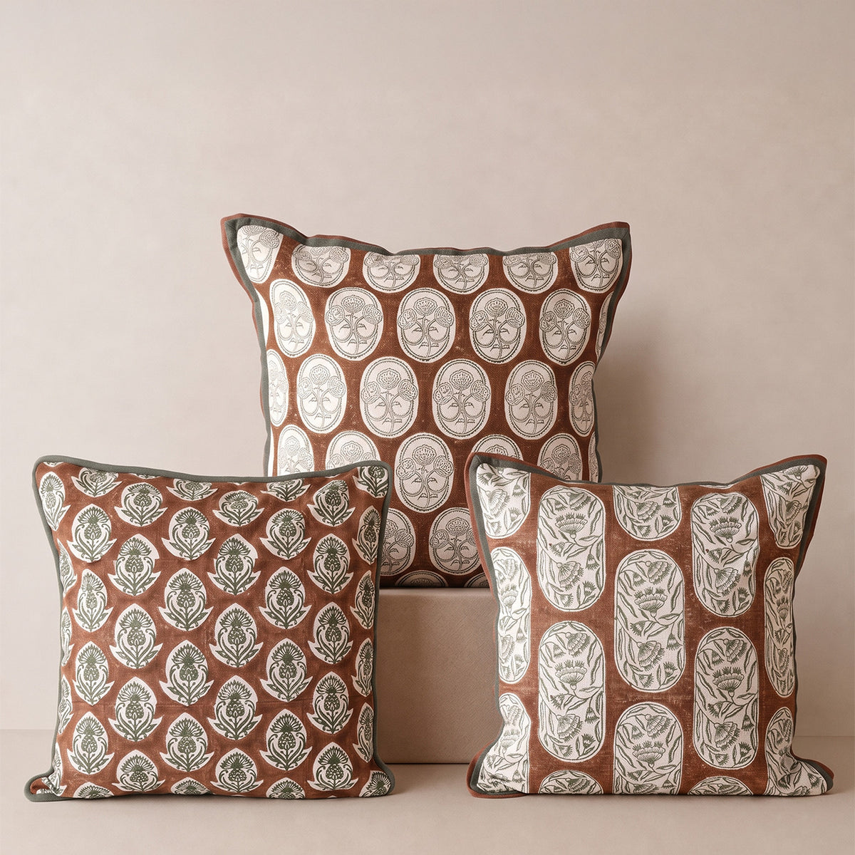 RANGREZ I Square Cushion, Block Print, 18 x 18 Inch, Mocha, Jaipur House