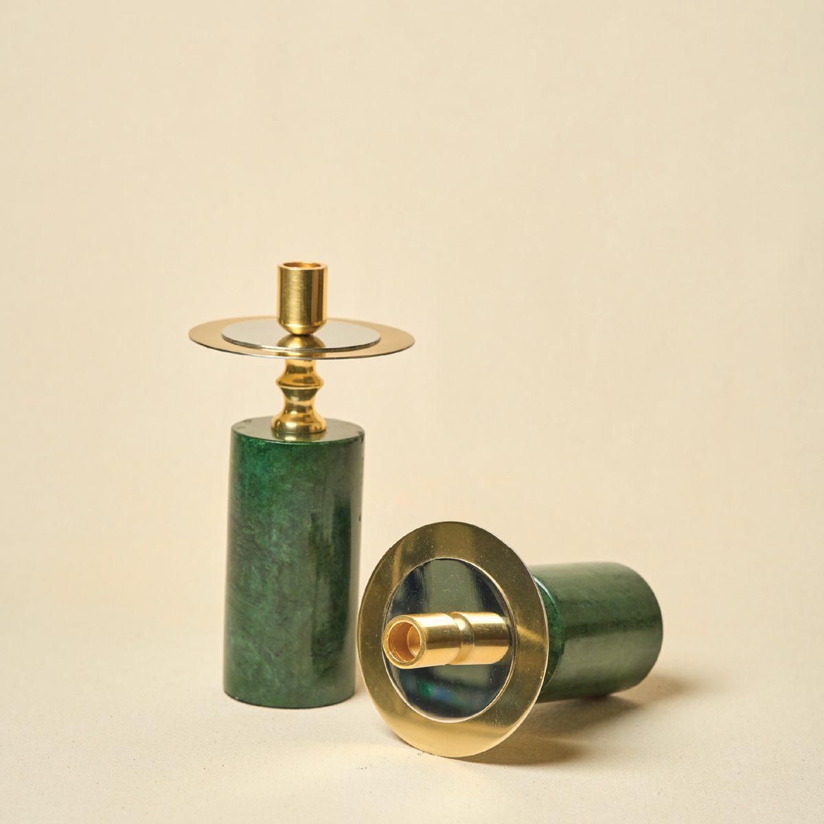 Green Marble Candle Stands, Set of 2