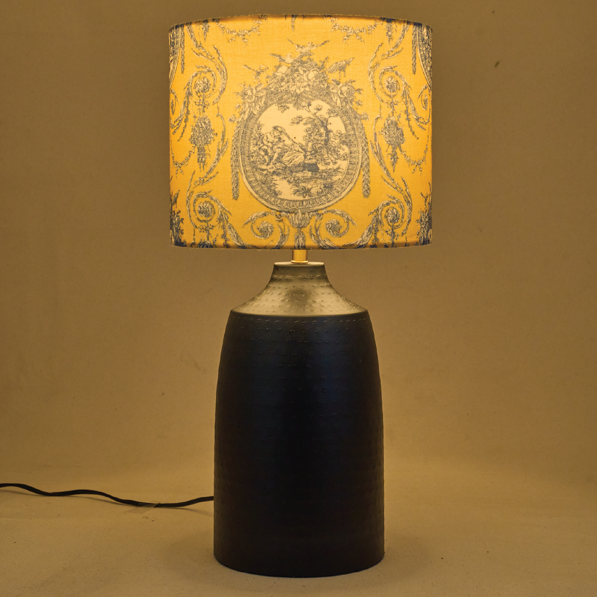 Black Metal Table Lamp, Yellow Victorian Fabric Shade - RIO Collection