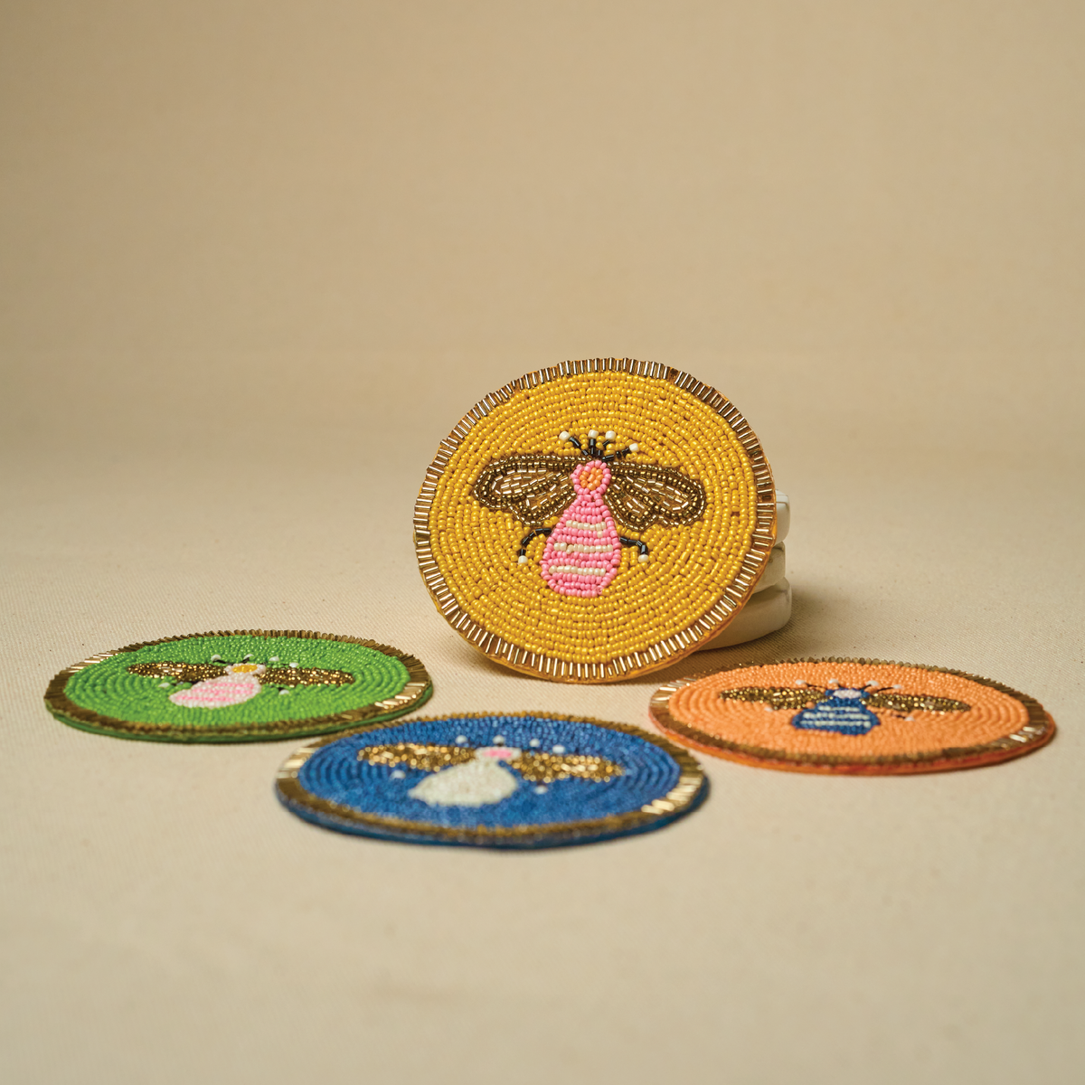 Honey Bee Coaster Set – Handcrafted Wooden Drink Mats for Tables