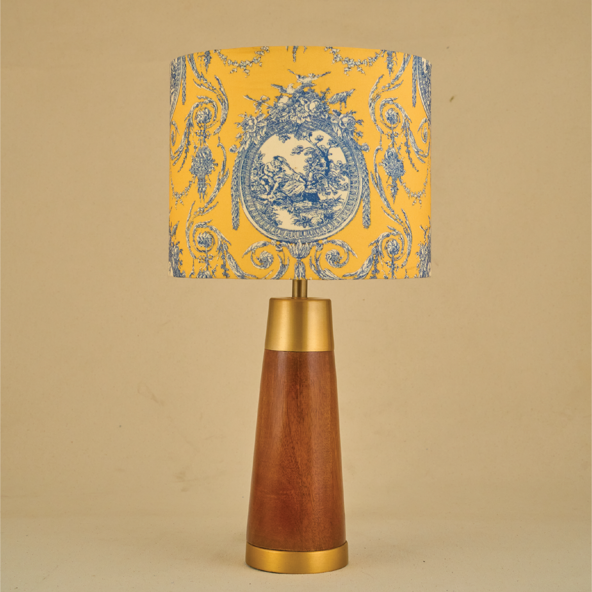 Mango Wood Table Lamp, Yellow Victorian Fabric Shade - RIO Collection
