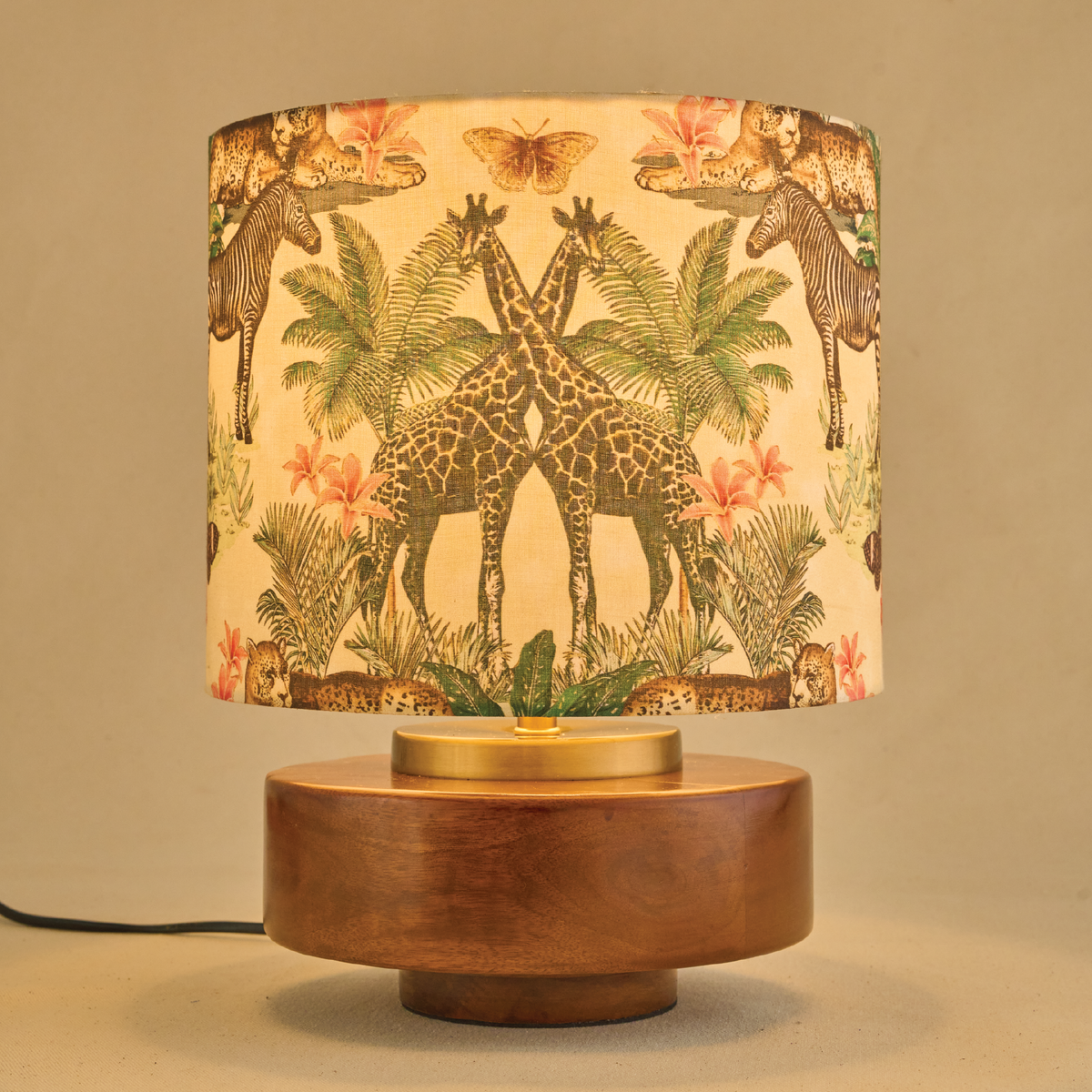 Mango Wood Table Lamps, Jungle Tales Fabric Shade - Rio Collection