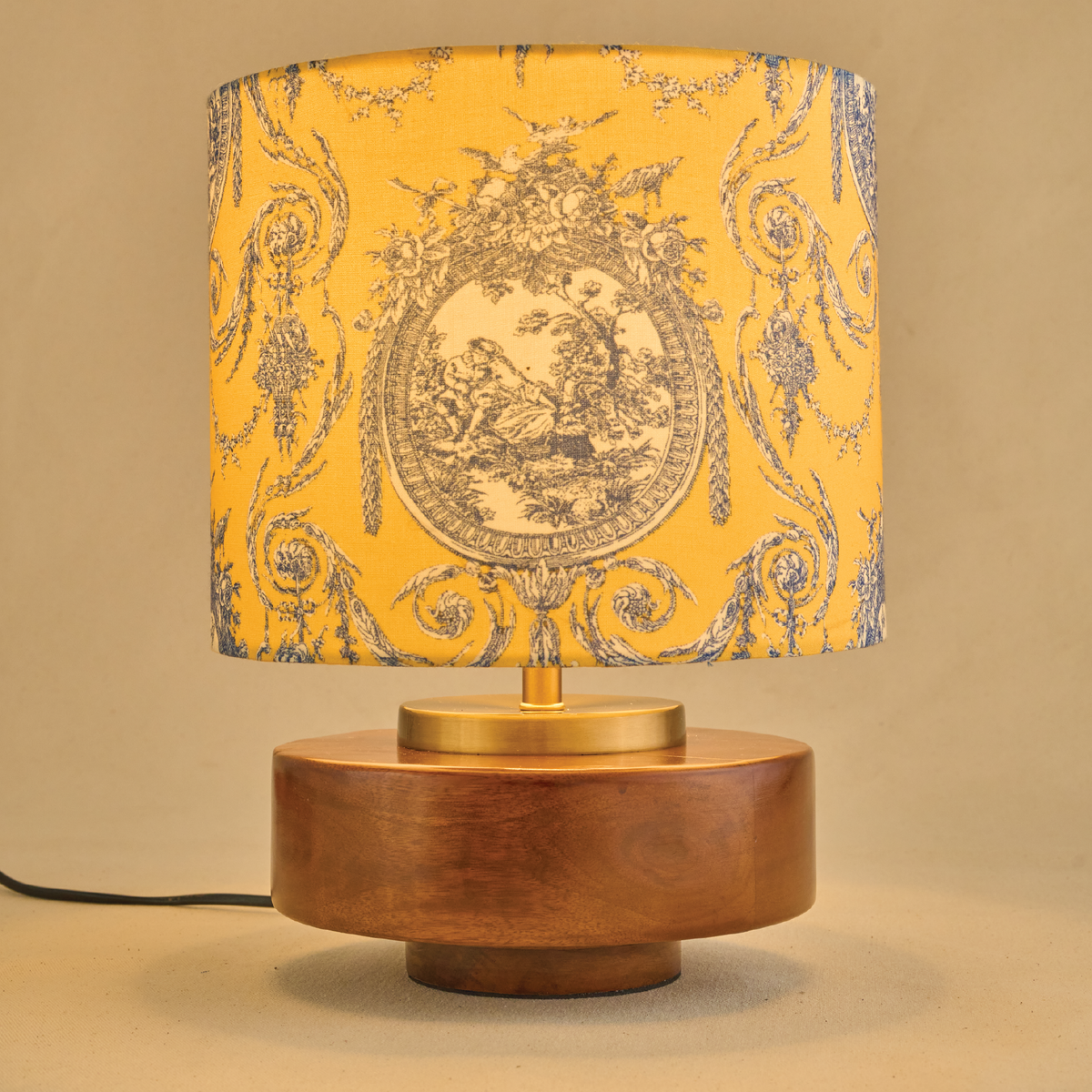Mango Wood Table Lamp, Yellow Victorian Fabric Shade - RIO Collection