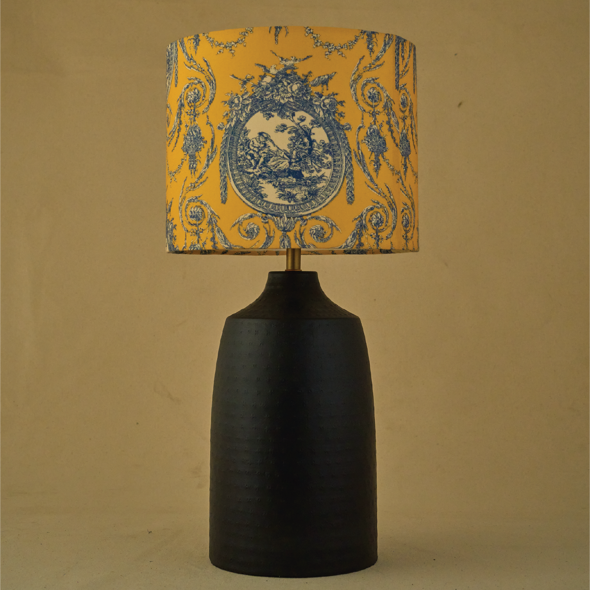 Black Metal Table Lamp, Yellow Victorian Fabric Shade - RIO Collection