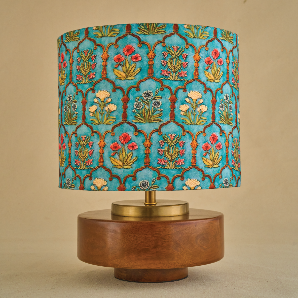 Mango Wood Table Lamp, Teal Garlands Fabric Shade - RIO Collection