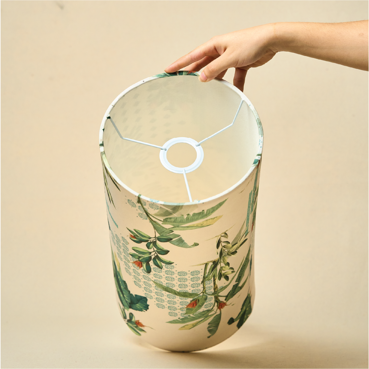 Drum Lamp Shade for Bedroom, Living Room | Handcrafted Printed Faux Silk Replacement Lampshade Only | Easy Assembly Green Tropical Fabric Shade