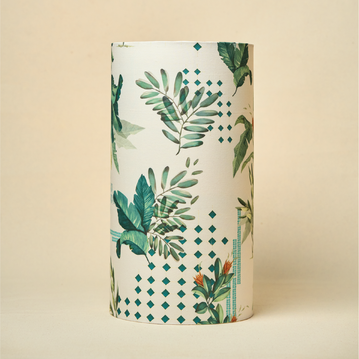 Drum Lamp Shade for Bedroom, Living Room | Handcrafted Printed Faux Silk Replacement Lampshade Only | Easy Assembly Green Tropical Fabric Shade