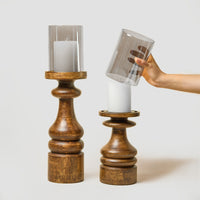 Wooden Pillar Candle Stands with Glass Hurricane — thumbnail